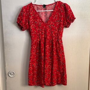 wild fable Red Floral V-Neck Puff Sleeve Mini Dress